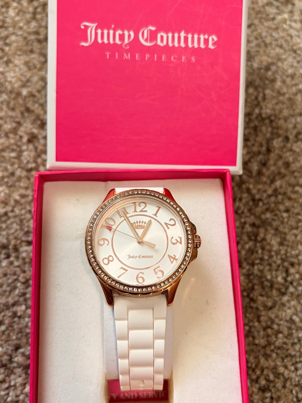 Y2K Juicy Couture White Silicone Strap Rose Gold-Tone Crystal Watch